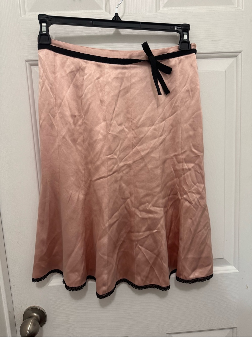 Y2K Style Express Blush Pink A-Line 100% Silk Skirt with Black Trim